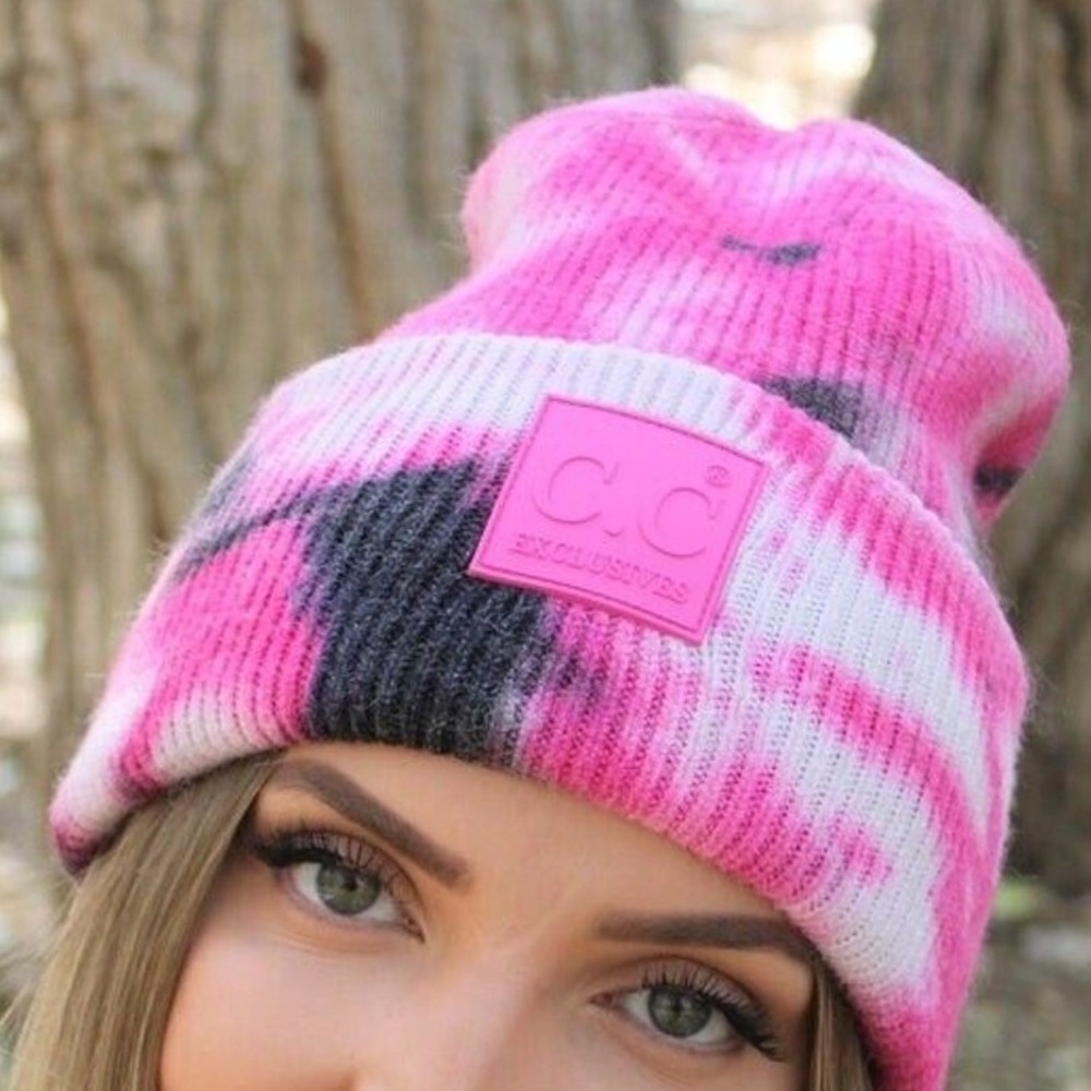 C.C Beanie Pink Black Tie Dye Ribbed Knit Rubber Logo Patch Winter Hat  Cozy